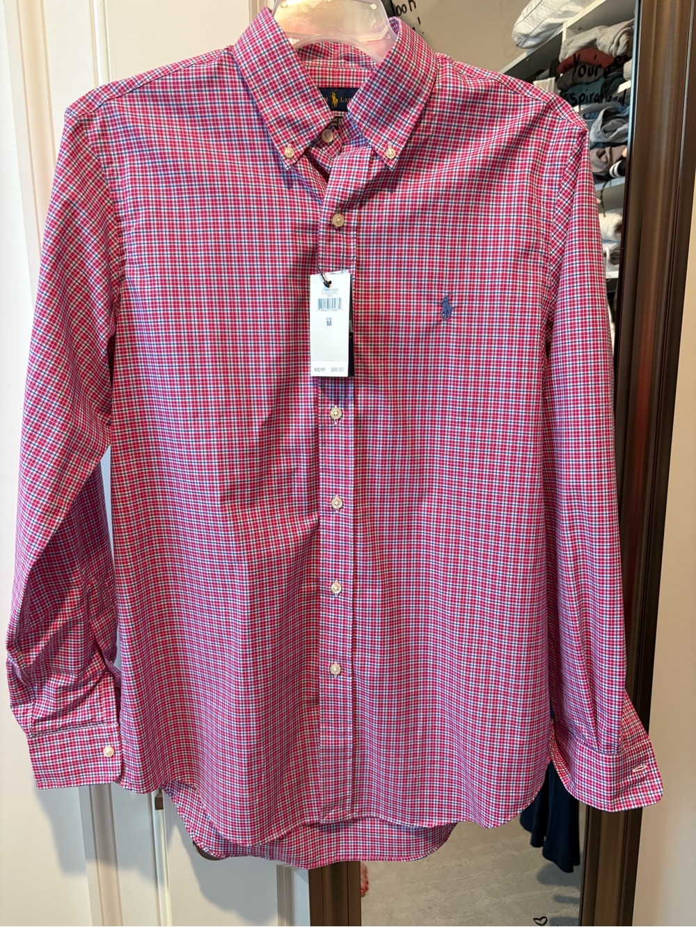 NET Ralph Lauren Red and Blue Mini Check Button-Down Shirt Size M
